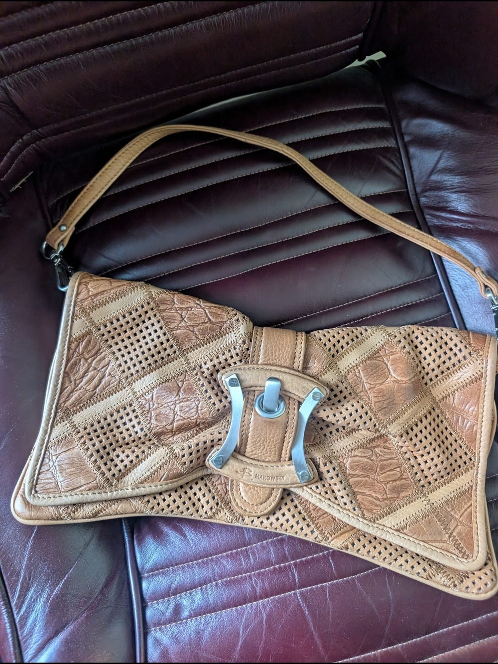 Vintage Brown Patchwork Leather Shoulder Bag by B. Makowsky